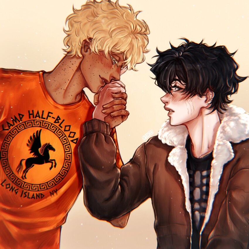 2boys, black_hair, black_shirt, blonde_hair, blush, brown_jacket, freckles, fur_trim, highres, jacket, kiss, kissing_hand, looking_at_another, multiple_boys, nico_di_angelo, oladushekcos, orange_shirt, percy_jackson_and_the_olympians, print_shirt, shirt, short_hair, skeleton_print, tan, upper_body, wide-eyed, william_solace, yaoi