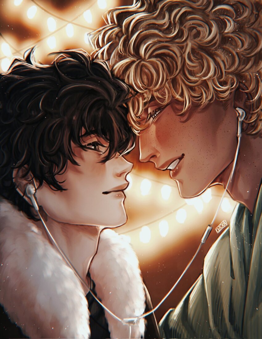 2boys, aegyo_sal, black_eyes, black_hair, black_jacket, black_shirt, blonde_hair, curly_hair