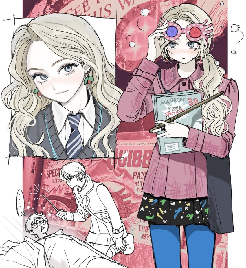 ..., 1boy, 1girl, adjusting_eyewear, animification, bag, black_bag, black_skirt