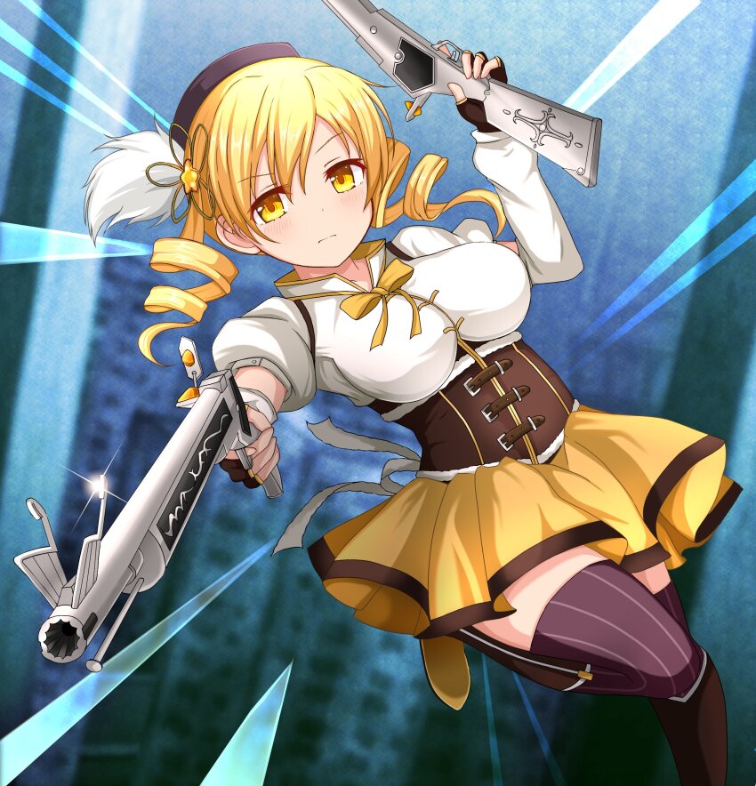 1girl, absurdres, black_boots, black_gloves, black_thighhighs, blonde_hair, blurry, blurry_background