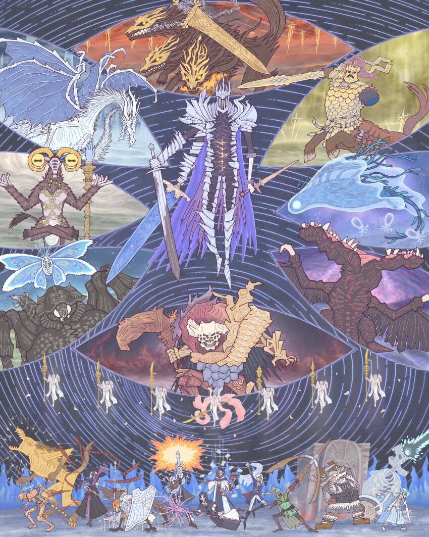 6+boys, 6+girls, absurdres, adel_(elden_ring), animal_head, arm_mounted_weapon, armor, arms_up