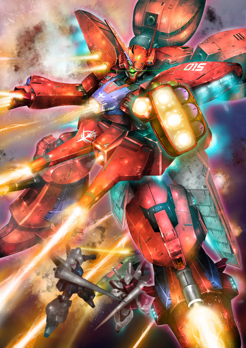 1980s_(style), 1990s_(style), absurdres, army, artist_request, beam_cannon, energy_beam, energy_cannon, firing, funnels_(gundam), gazu-l, gazu-r, geymalk, glowing, glowing_eye, green_eyes, gundam, gundam_perfect_file, gundam_zz, highres, lance, lens_flare, magazine_scan, mecha, mecha_focus, missile, missile_pod, mobile_suit, muzzle_flash, nebula, neo_zeon, no_humans, official_art, oldschool, one-eyed, painting_(medium), polearm, promotional_art, purple_eyes, radio_antenna, realistic, retro_artstyle, robot, roundel, scan, science_fiction, space, spacecraft, star_(sky), thrusters, traditional_media, weapon, zero_gravity
