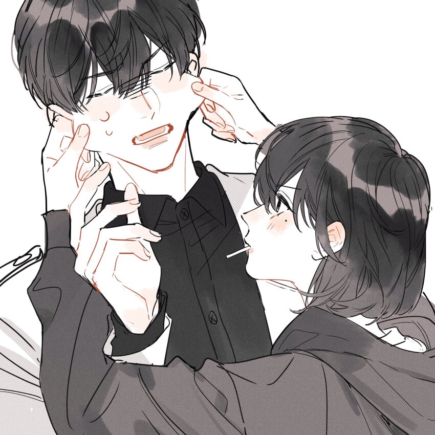 1boy, 1girl, blush, bob_cut, cheek_pinching, coat, collared_shirt, commentary_request