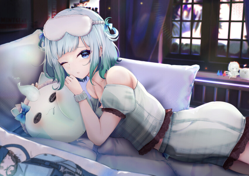 1girl, alternate_costume, blue_eyes, closed_mouth, commentary_request, densetsu.exe, green_hair, green_shirt