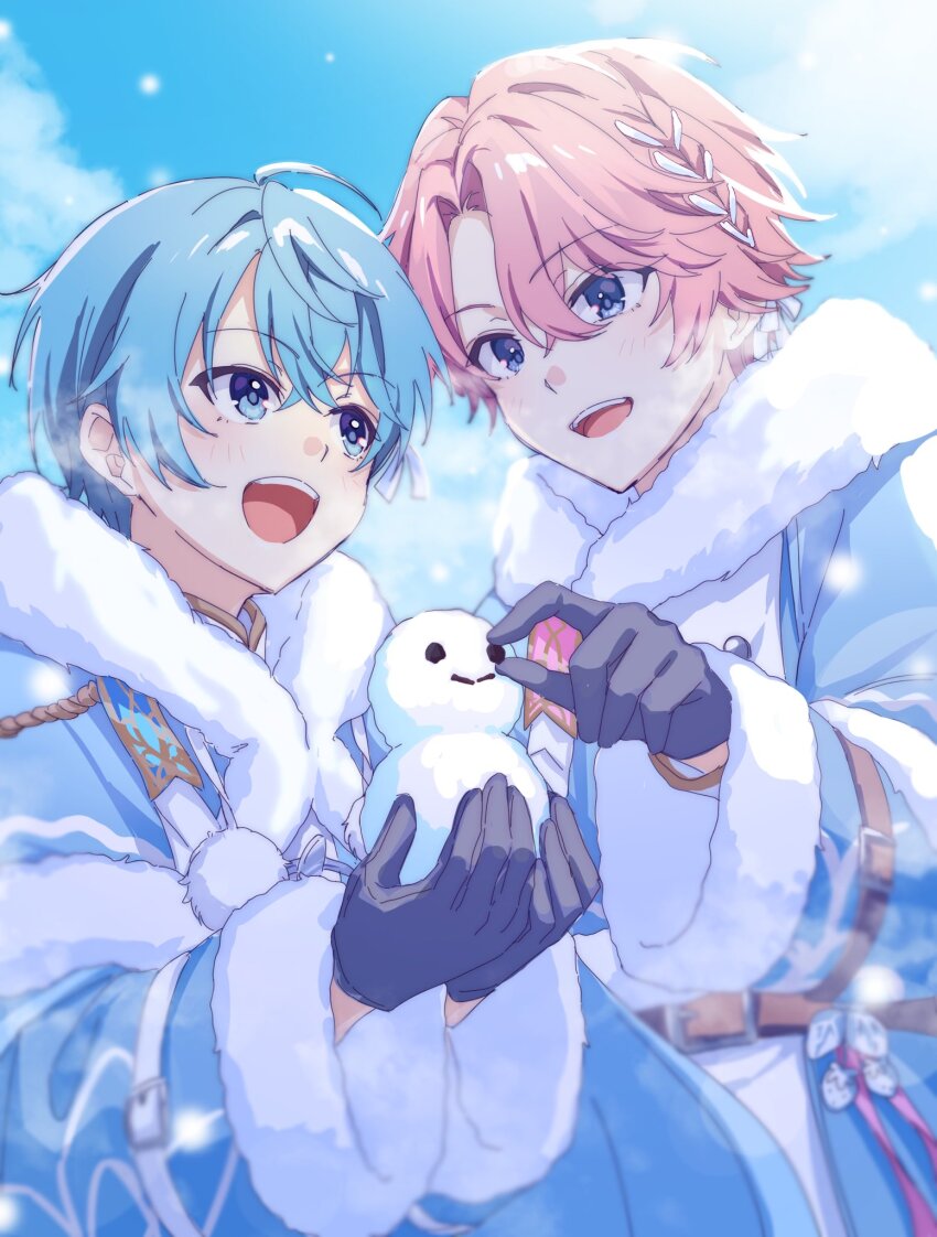 2boys, 9_v4ni, ahoge, blue_eyes, blue_hair, blue_jacket, blue_sky, braid