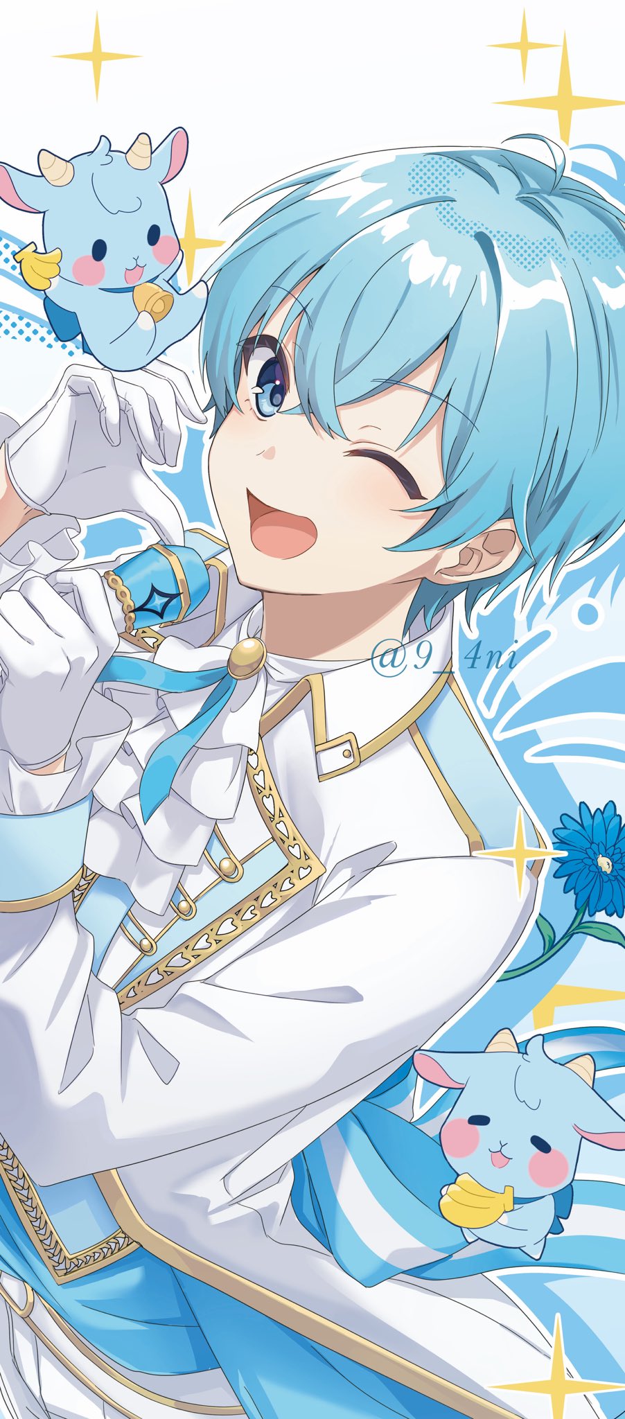 1boy, 9_v4ni, ascot, blue_eyes, blue_hair, colon_(stpri), commentary, gloves