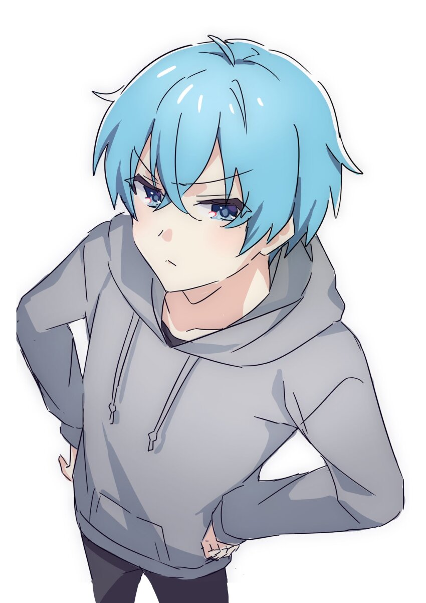 1boy, 9_v4ni, black_pants, blue_eyes, blue_hair, closed_mouth, colon_(stpri), cowboy_shot, from_above, furrowed_brow, grey_hoodie, hair_between_eyes, hands_on_own_hips, highres, hood, hood_down, hoodie, long_sleeves, looking_at_viewer, pants, short_hair, simple_background, strawberry_prince, white_background