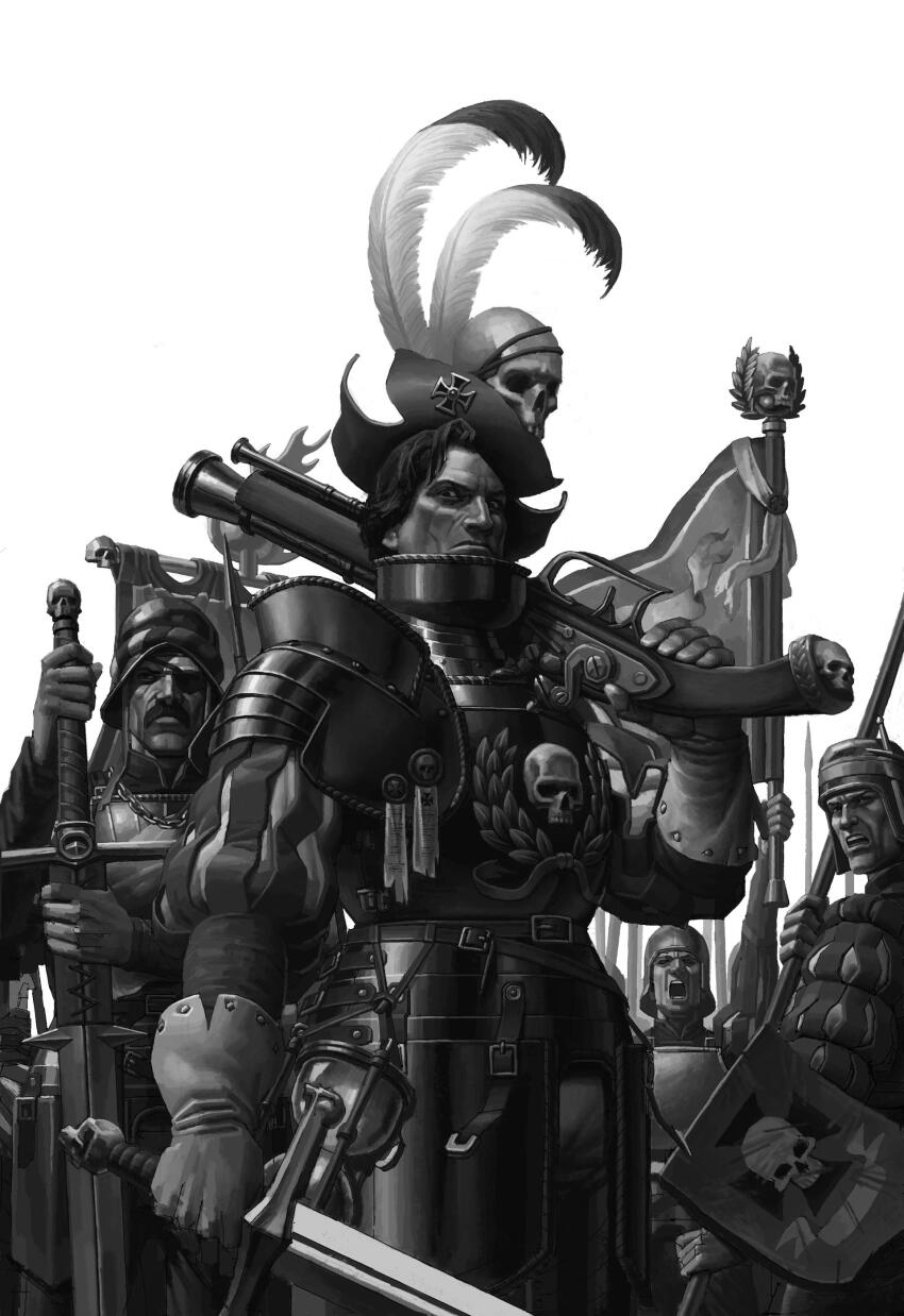 4boys, absurdres, antique_firearm, armor, banner, belt, chain, comet, cross, empire_(warhammer_fantasy), eyepatch, facial_hair, firearm, firelock, flintlock, gloves, greyscale, gun, hat, hat_feather, helmet, highres, holding, holding_banner, holding_gun, holding_polearm, holding_shield, holding_sword, holding_weapon, hourglass, iron_cross, jyc7707, landsknecht, leather, leather_gloves, long_sleeves, male_focus, monochrome, multiple_boys, musket, mustache, polearm, puffy_long_sleeves, puffy_sleeves, purity_seal, shield, short_hair, skull_ornament, spear, sword, warhammer_fantasy, weapon, zweihander