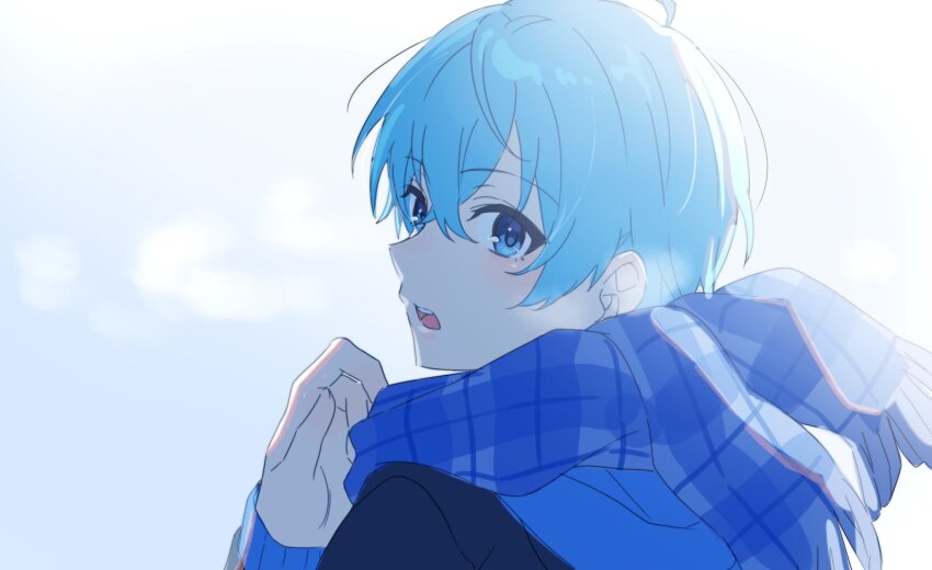 1boy, 9_v4ni, blue_eyes, blue_hair, blue_scarf, commentary, hair_between_eyes, highres, long_sleeves, looking_at_viewer, looking_back, male_focus, open_mouth, plaid_clothes, plaid_scarf, satomi_(stpri), scarf, short_hair, solo, strawberry_prince, teeth, upper_body, upper_teeth_only