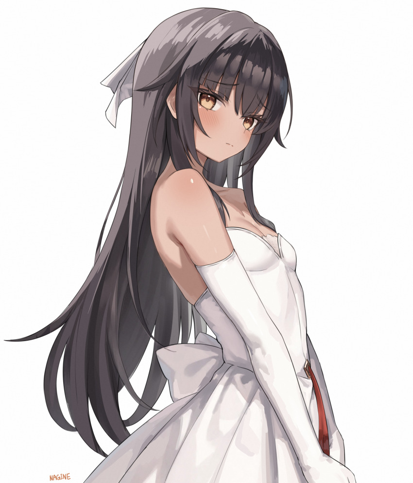 1girl, absurdres, bare_shoulders, black_hair, blush, breasts, brown_eyes, commentary_request