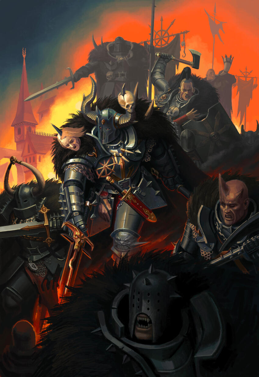 6+boys, absurdres, armor, axe, bald, banner, black_armor, blonde_hair