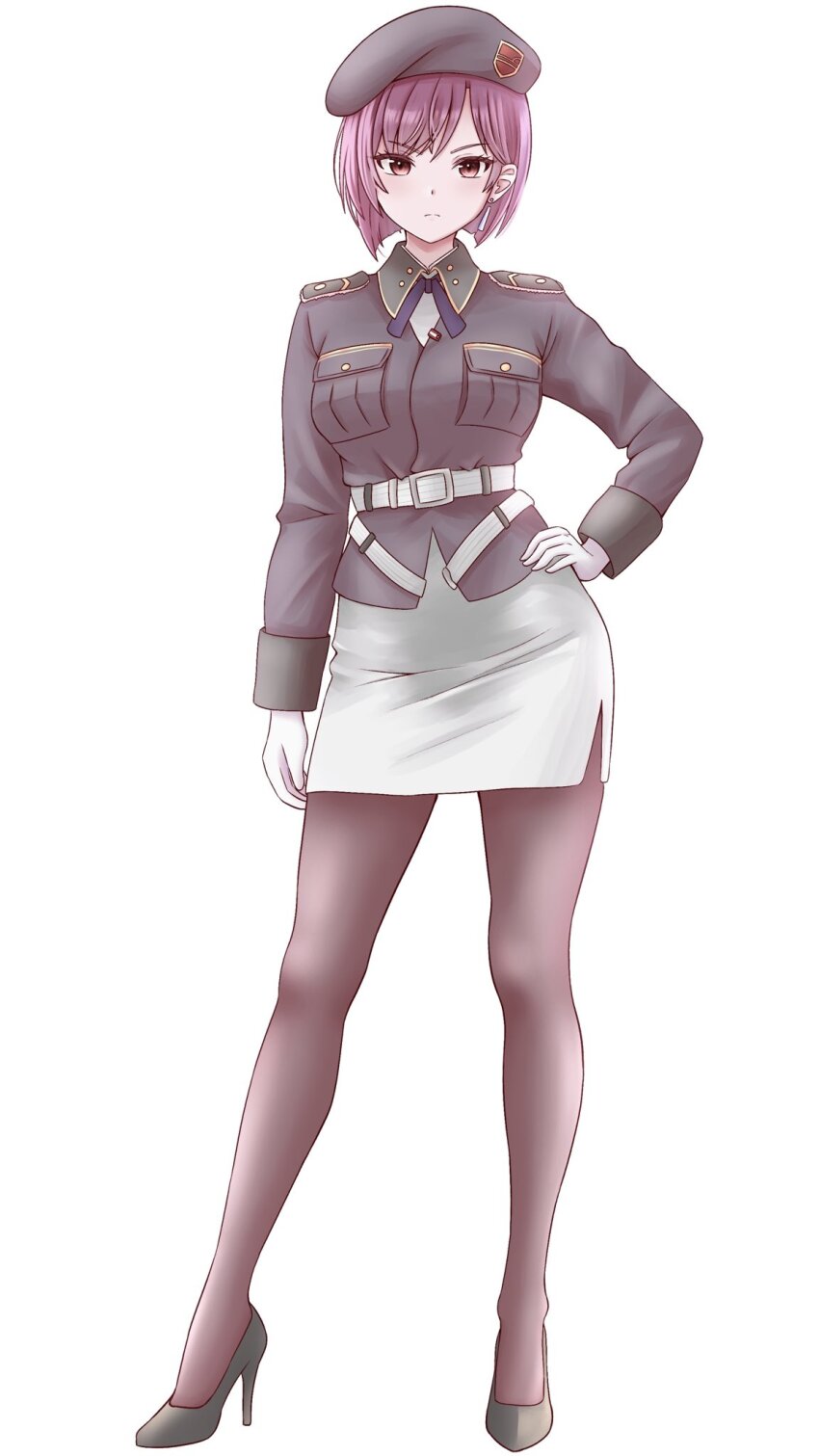 1girl, earrings, gloves, hand_on_own_hip, hat, heaven_burns_red, high_heels, highres