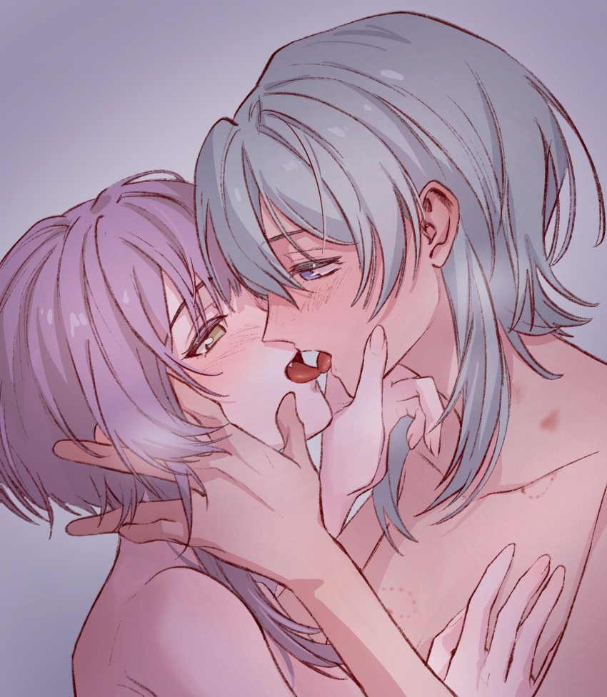 2girls, aqua_hair, bang_dream!, bang_dream!_it's_mygo!!!!!, bite_mark, blue_eyes, blush, chinese_commentary, collarbone, commentary_request, eye_contact, fang, french_kiss, hero45439083942, hickey, highres, kiss, looking_at_another, medium_hair, multiple_girls, nude, original, purple_hair, takamatsu_shizuku, wakaba_muna, yellow_eyes, yuri