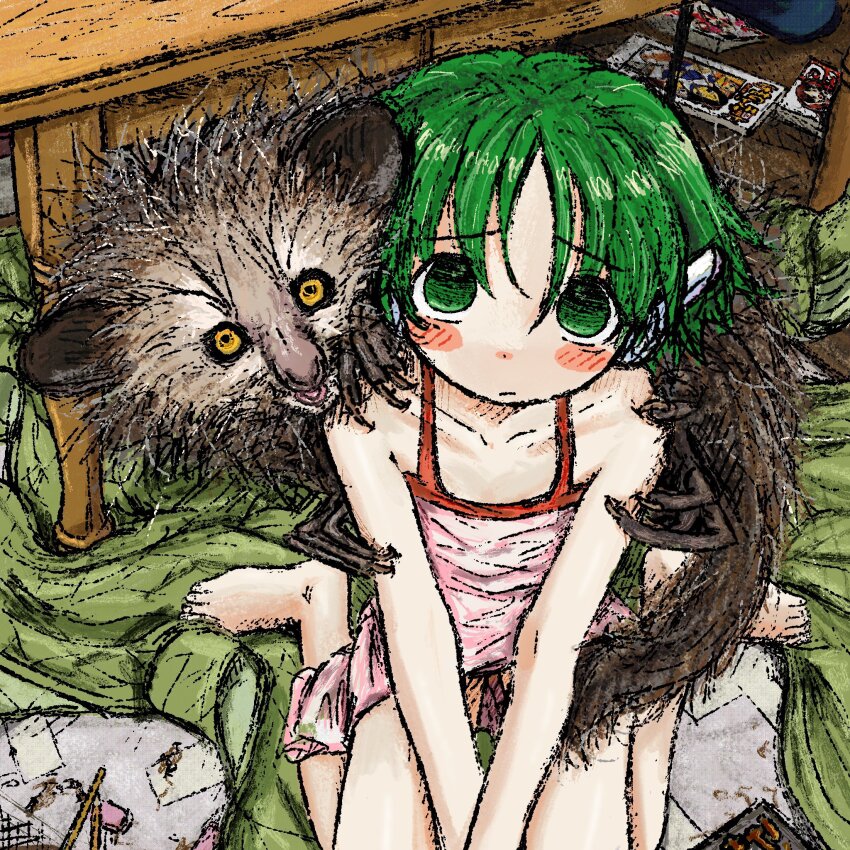 1girl, animal, animal_on_shoulder, aye-aye, bare_shoulders, blush_stickers, bubbacterial, camisole