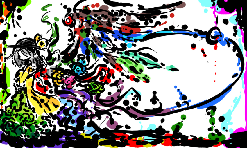 1girl, bleeding, blood, colored_skin, colorful, female_focus, grey_hair, hat, injury, koishi_komeiji's_heart-throbbing_adventure, komeiji_koishi, long_hair, solo, surreal, tears, third_eye, touhou, white_hair, white_skin, wings, yuberyu