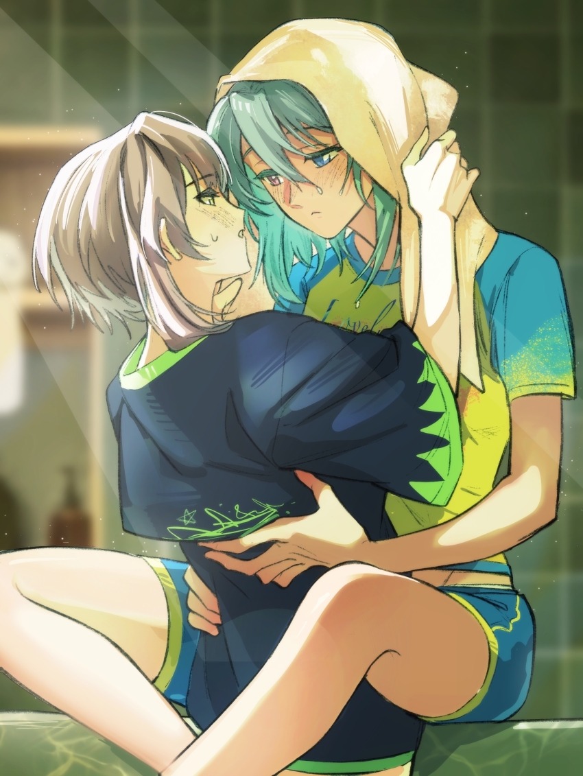 2girls, absurdres, aqua_hair, bang_dream!, bang_dream!_it's_mygo!!!!!, blue_eyes, blue_shirt, blue_shorts