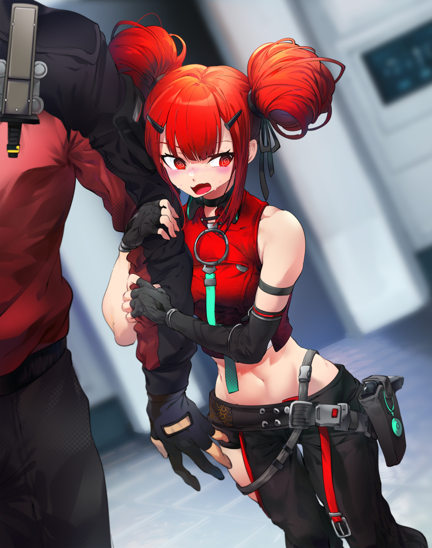 1boy, 1girl, @_@, absurdres, arm_hug, asymmetrical_gloves, averting_eyes, bare_shoulders