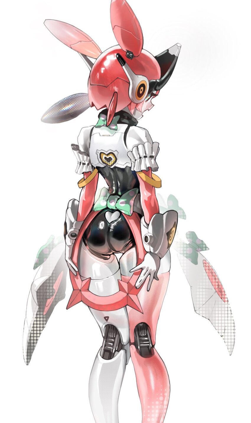 1girl, aria_(robot)_(zenless_zone_zero), aria_(zenless_zone_zero), ass, back, blush, green_eyes, highres, humanoid_robot, joints, looking_back, mechanical_arms, mw_01m, robot, robot_ears, robot_girl, robot_joints, zenless_zone_zero