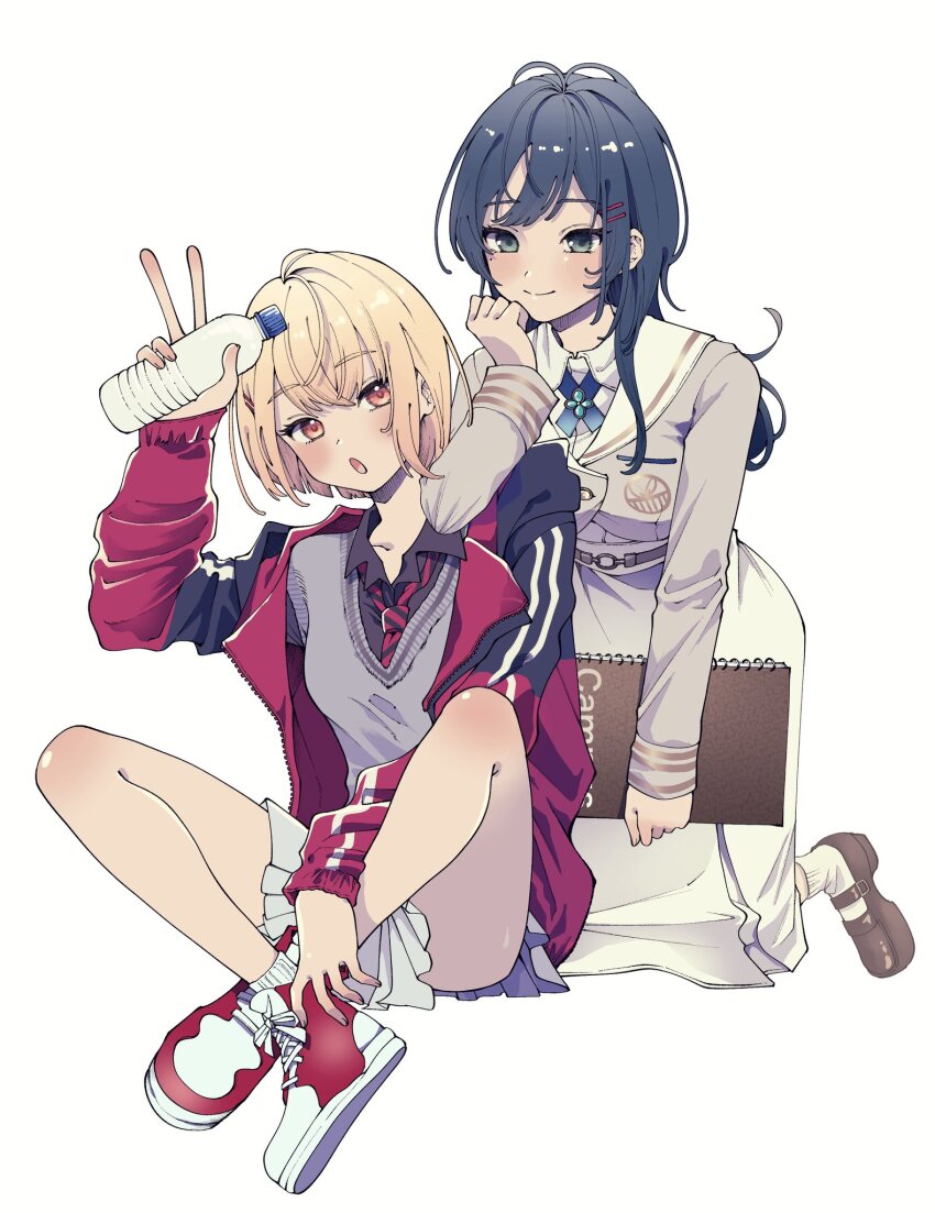 2girls, :o, black_shirt, blonde_hair, blue_cross_tie, blue_hair, bottle, brown_shoes