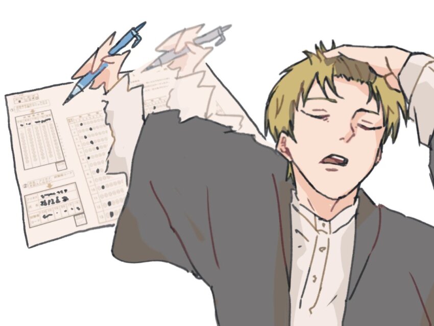 1boy, academic_test, adjusting_hair, afterimage, bangs_pinned_back, blonde_hair, closed_eyes, commentary_request, facing_viewer, holding, holding_pen, japanese_clothes, jujutsu_kaisen, kimono, long_sleeves, male_focus, meme, naoya_hitting_choso_without_looking_(meme), open_mouth, pen, short_hair, simple_background, solo, ueno_ganma, upper_body, white_background, writing, zen'in_naoya