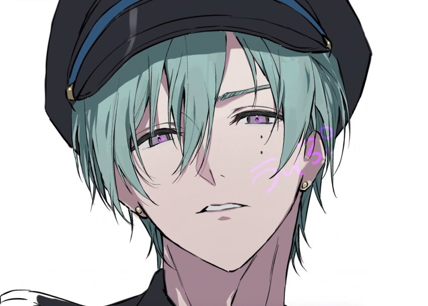 1boy, black_hat, butterfly_(ensemble_stars!), clenched_teeth, earrings, ensemble_stars!, green_hair, hair_between_eyes, hat, highres, jewelry, kazehaya_tatsumi, looking_at_viewer, male_focus, mole, mole_under_eye, parted_lips, purple_eyes, short_hair, simple_background, solo, teeth, white_background, zetsubou_wo_okurou_ka