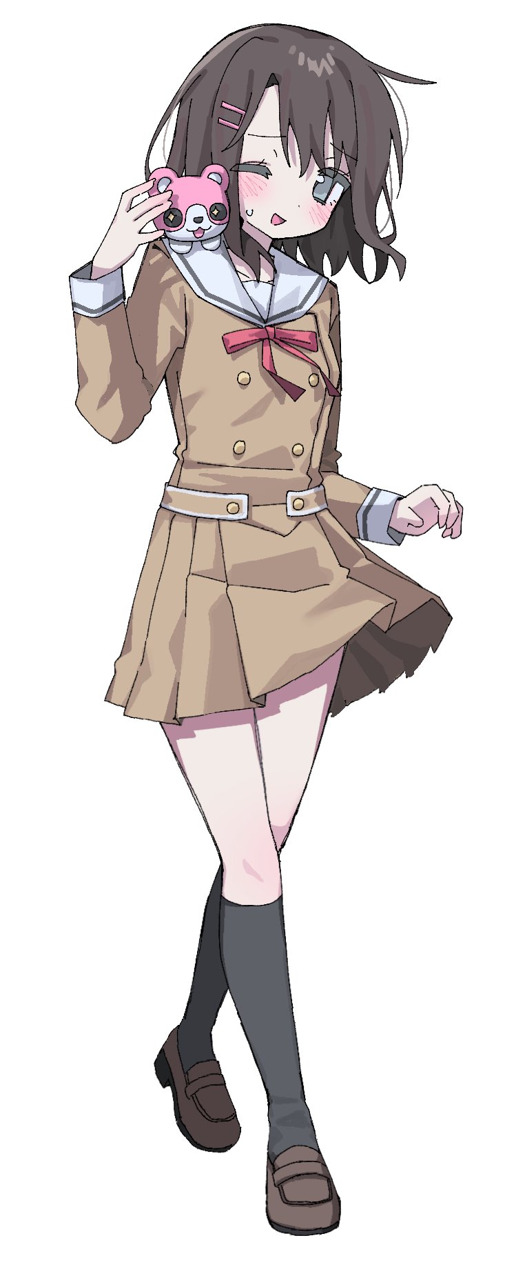 1girl, bang_dream!, bang_dream!_girls_band_party!, black_hair, blush, brown_dress, cellphone, commentary_request, dress, full_body, hair_ornament, hairclip, hanasakigawa_school_uniform, highres, holding, kneehighs, korean_commentary, loafers, long_sleeves, metametmonmong, michelle_(bang_dream!), neck_ribbon, okusawa_misaki, one_eye_closed, parallel_hairclips, phone, pleated_dress, red_ribbon, ribbon, sailor_dress, school_uniform, shoes, socks, solo