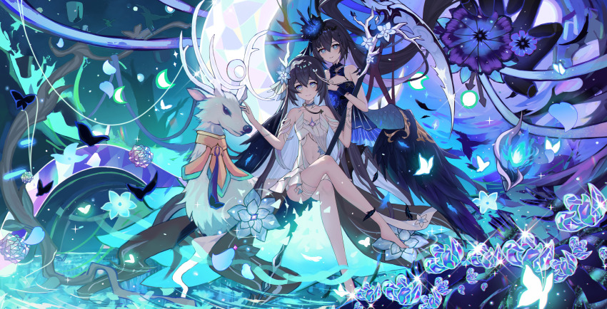 2girls, absurdres, bare_legs, barefoot, black_dress, black_hair, black_pantyhose, black_wings, blue_eyes, blue_flower, chinese_commentary, clothing_cutout, commentary_request, crescent_moon, crossed_legs, deer, diana_(honkai_impact), dress, dual_persona, feet, flower, hair_flower, hair_ornament, highres, honkai_(series), honkai_impact_3rd, legs, long_hair, looking_at_viewer, moon, multiple_girls, navel, navel_cutout, official_alternate_costume, pantyhose, purple_flower, qiuqiuku, seele_vollerei, seele_vollerei_(eternal_night's_embrace), seele_vollerei_(herrscher_of_rebirth), smile, very_long_hair, white_dress, wings
