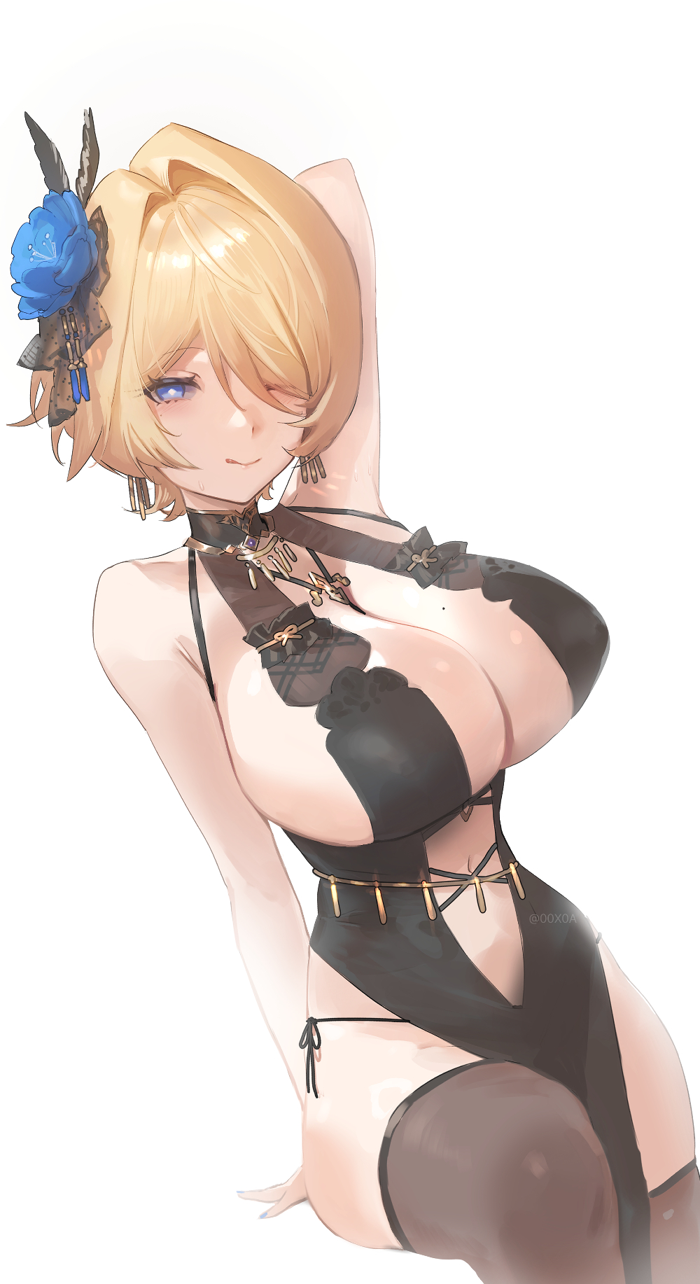 0bsessi0n, 1girl, ;q, arm_up, bare_shoulders, belly_chain, black_dress, black_panties, black_thighhighs, blonde_hair, blue_eyes, blue_flower, blue_rose, blush, breasts, cleavage, closed_mouth, clothing_cutout, collarbone, commentary, dress, earrings, evening_gown, flower, girls'_frontline, girls'_frontline_2:_exilium, hair_between_eyes, hair_flower, hair_intakes, hair_ornament, highres, jewelry, large_breasts, looking_at_viewer, mole, mole_on_breast, mole_under_eye, navel, navel_cutout, nikketa_(girls'_frontline_2), official_alternate_costume, one_eye_closed, panties, pelvic_curtain, rose, short_hair, side-tie_panties, sidelocks, simple_background, sitting, skindentation, sleeveless, sleeveless_dress, smile, solo, thighhighs, tongue, tongue_out, underwear, vsk-94_(girls'_frontline), vsk-94_(night_on_the_silver_bay)_(girls'_frontline), white_background
