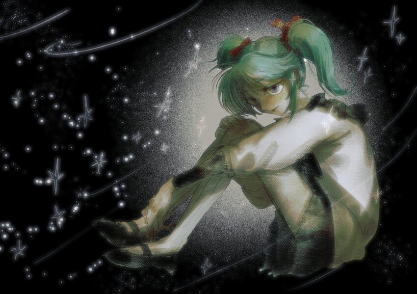 1girl, aqua_hair, black_neckerchief, black_shoes, black_skirt, blue_eyes, char's_counterattack, gundam