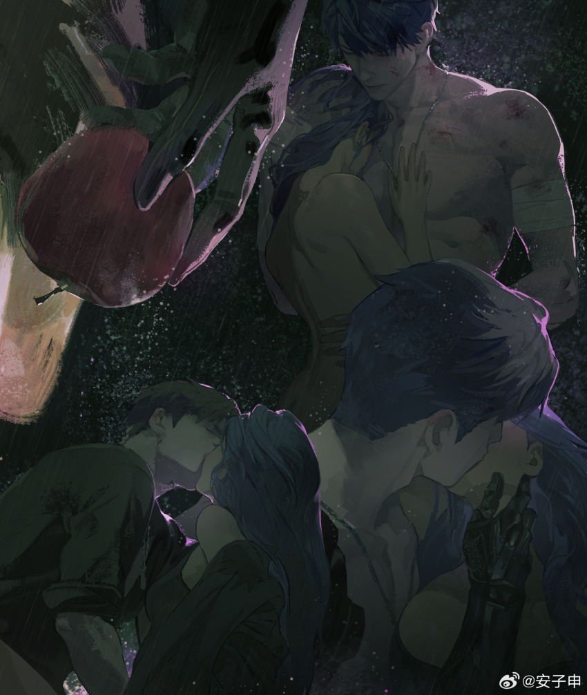 1boy, 1girl, anzishen, artist_self-insert, black_background, breasts, caleb_(love_and_deepspace), chinese_commentary