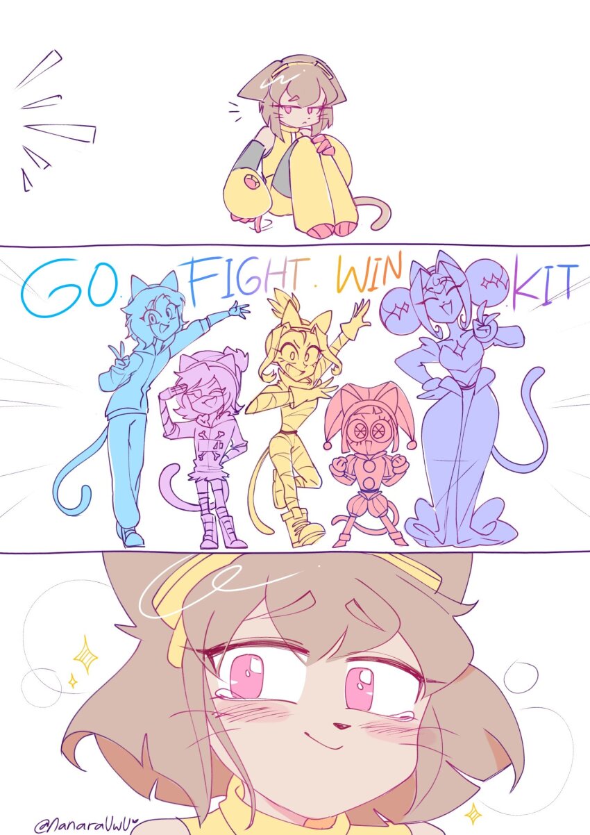 android, animal_ears, blush, cat_ears, cat_girl, comic, furry, gameoverse, glitch_productions, hat, jester_cap, kit_(gameoverse), knights_of_guinevere, melancholy_hill, meta_runner, murder_drones, pomni_(the_amazing_digital_circus), princess_guinevere, robot, tail, tari_(meta_runner), the_amazing_digital_circus, the_gaslight_district, uzi_(murder_drones)