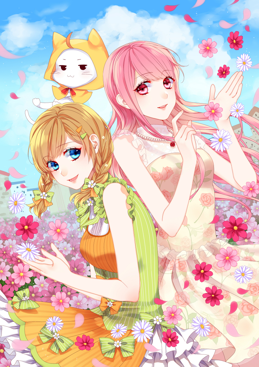 2girls, :3, absurdres, ahoge, animal, apple29556997, apron, back-to-back