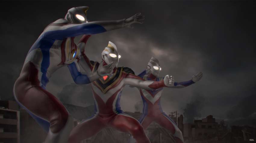 295609159hhj, 3boys, absurdres, alien, arm_up, armor, blue_skin, breastplate, city, cityscape, clenched_hand, cloud, color_timer, colored_skin, commentary, compound_eyes, crystal, dark_cloud, dorsal_fin, feet_out_of_frame, fighting_stance, figure_(medium), forehead_jewel, giant, giant_male, glowing, glowing_eyes, gold_trim, hands_up, highres, hunched_over, in-franchise_crossover, legs_apart, looking_ahead, male_focus, multicolored_skin, multiple_boys, muscular, muscular_male, no_pupils, open_hands, outdoors, outstretched_arm, overcast, pectorals, photo_(medium), photoshop_(medium), red_skin, rubble, ruins, shoulder_armor, side-by-side, silver_skin, sky, smoke, smoke_trail, standing, tokusatsu, toned, toned_male, ultra_series, ultraman_dyna, ultraman_dyna_(flash_type), ultraman_dyna_(series), ultraman_gaia, ultraman_gaia_(series), ultraman_gaia_(supreme_version), ultraman_tiga, ultraman_tiga_(multi_type), ultraman_tiga_(series), ultraman_tiga_ultraman_dyna_&amp;_ultraman_gaia:_cho_jiku_no_dai_kessen, white_eyes, wrinkled_skin
