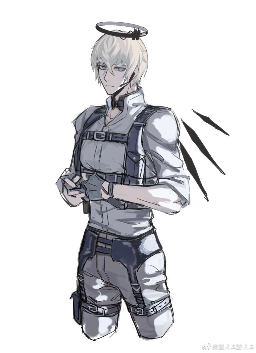 1boy, :|, arknights, belt, belt_collar, black_belt, black_collar, black_gloves