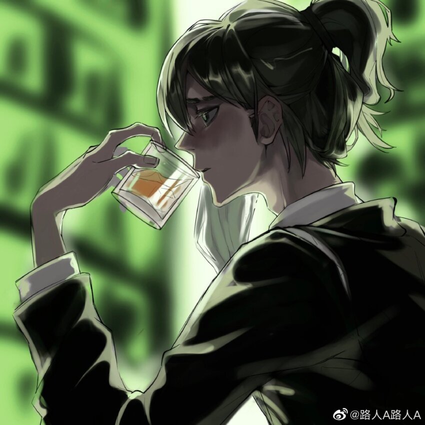 1boy, adam's_apple, alcohol, backlighting, blurry, blurry_background, blush, chinese_commentary