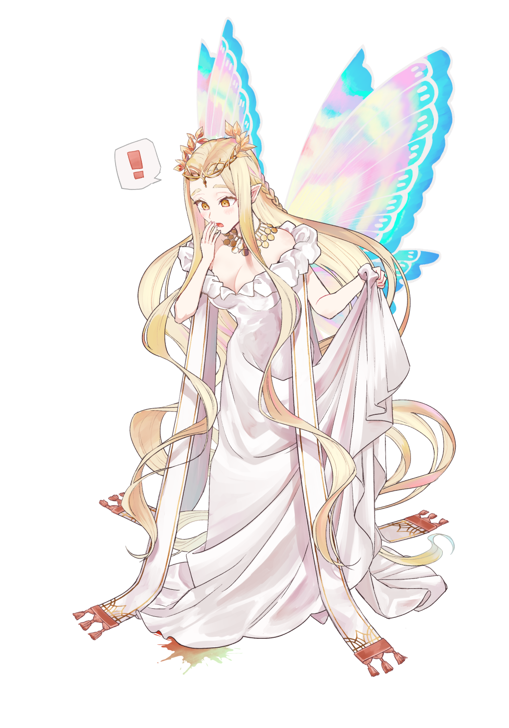 !, 1girl, absurdly_long_hair, accidental_murder, aurora_(fate), blonde_hair, blood, blood_splatter, breasts, cleavage, commentary_request, dress, fairy, fairy_wings, fate/grand_order, fate_(series), hand_to_own_mouth, highres, holding_own_dress, implied_death, iridescent_wings, long_hair, open_mouth, partial_commentary, pointy_ears, reito6, sidelocks, simple_background, solo, spoken_exclamation_mark, very_long_hair, white_background, white_dress, wings