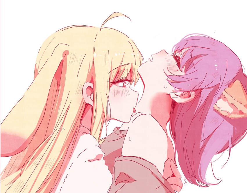 2girls, ahoge, animal_ears, blonde_hair, blue_hair, blush, brown_eyes, cho_kaguya-hime!