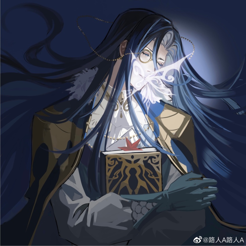 1boy, aqua_gloves, ascot, black_cape, black_vest, blue_background, blue_hair, book