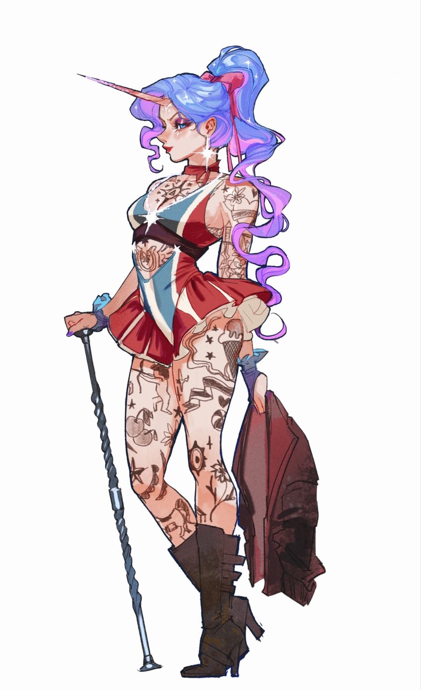 1girl, arm_tattoo, bare_shoulders, blue_eyes, blue_hair, boots, bow, breasts, cane, celeste_(deadlock), chest_tattoo, clothing_cutout, commentary, cutout_above_navel, deadlock_(game), earrings, english_commentary, eyeshadow, frills, full_body, gradient_hair, hair_bow, high_heel_boots, high_heels, high_ponytail, highres, holding, holding_cane, holding_jacket, holding_unworn_clothes, horns, jacket, jewelry, leather, leather_boots, leg_tattoo, looking_at_viewer, makeup, medium_breasts, multicolored_hair, pink_hair, ponytail, purple_nails, red_bow, red_lips, rosewaterjelly, shoulder_tattoo, simple_background, single_earring, single_horn, solo, star_(symbol), stomach_tattoo, tattoo, two-tone_hair, unicorn_girl, unworn_jacket, white_background