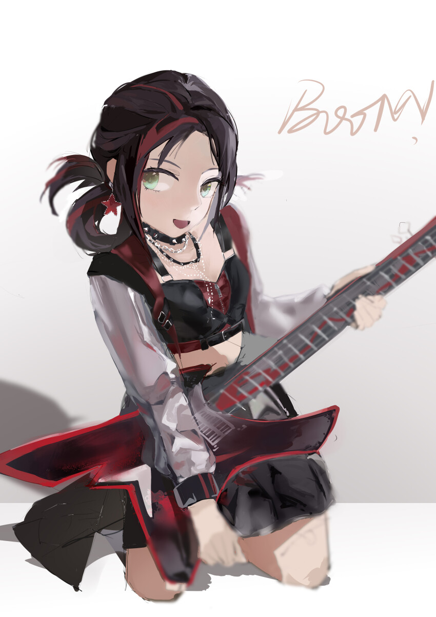 1girl, absurdres, black_choker, black_hair, black_skirt, black_tank_top, border, breasts