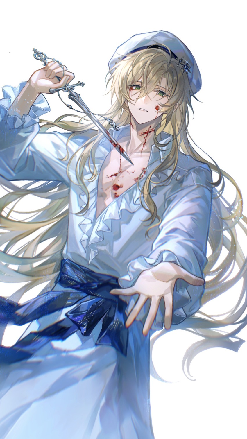 1boy, absurdres, alkaid_mcgrath, alkaid_mcgrath_(god_forsaken_land), beret, blonde_hair, blood, blood_on_chest, blood_on_face, bloody_knife, blue_sash, center_frills, chinese_commentary, collarbone, collared_robe, commentary_request, cowboy_shot, cross, cuts, dagger, frilled_sleeves, frills, hair_between_eyes, hand_up, hat, hat_ornament, highres, holding, holding_dagger, holding_knife, holding_weapon, injury, knife, long_hair, long_sleeves, looking_at_viewer, lovebrush_chronicles, male_focus, offering_hand, parted_lips, partially_unbuttoned, reno0727, robe, sash, simple_background, solo, standing, star_(symbol), star_hat_ornament, very_long_hair, waist_sash, weapon, white_background, white_hat, white_robe