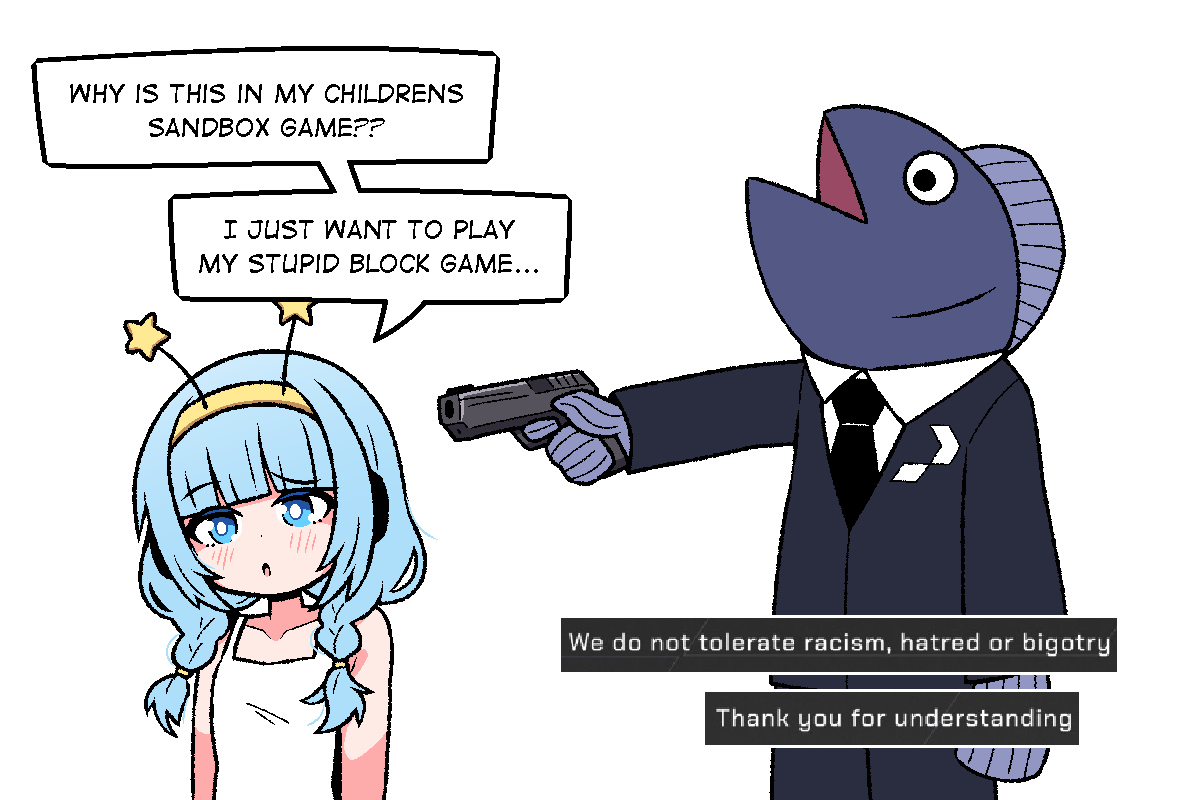 1boy, 1girl, animal_head, at_gunpoint, blue_hair, braid, camisole, english_text