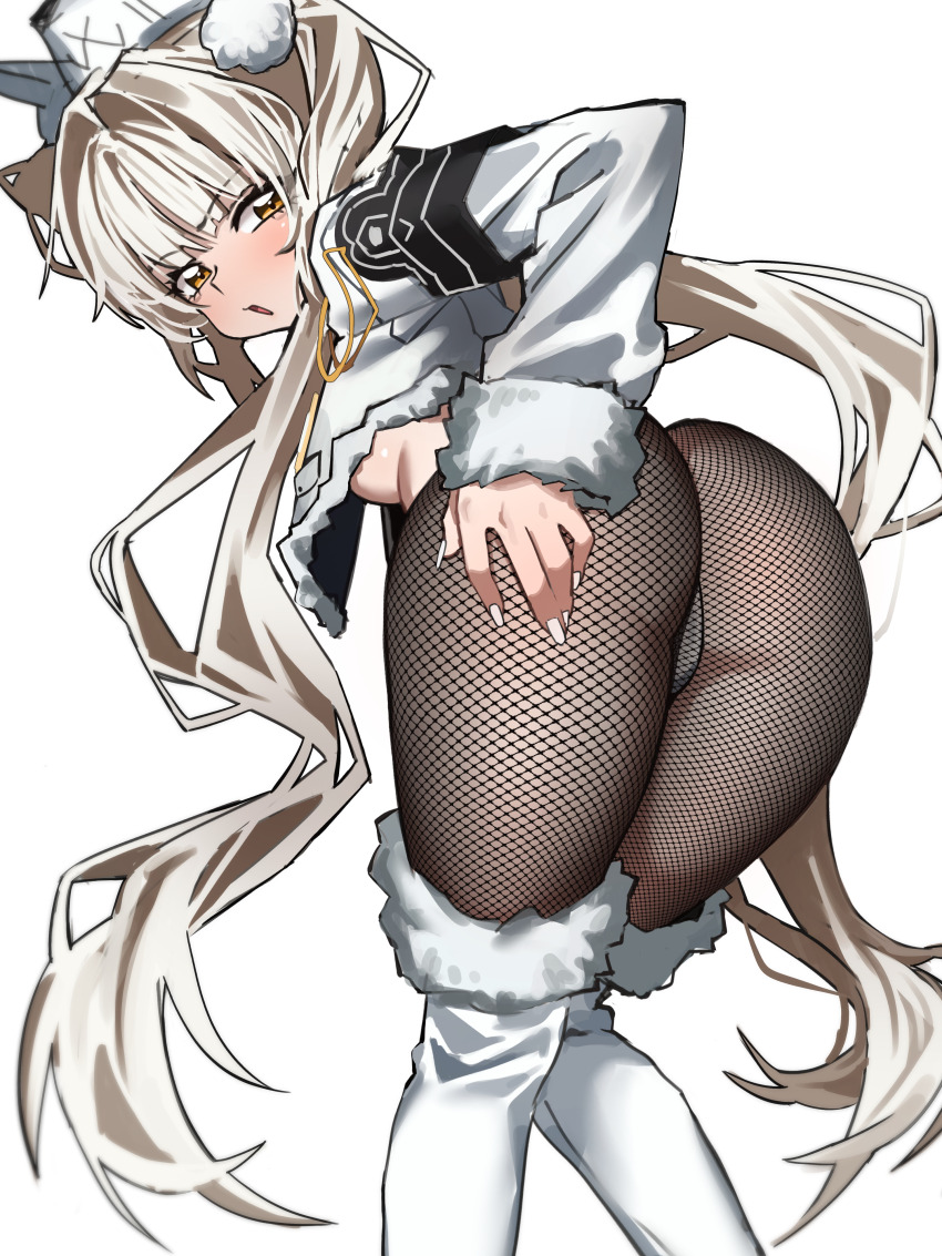 1girl, absurdres, animal_ears, armband, ass, bent_over, black_armband, blanc_(fortune_express)_(nikke)