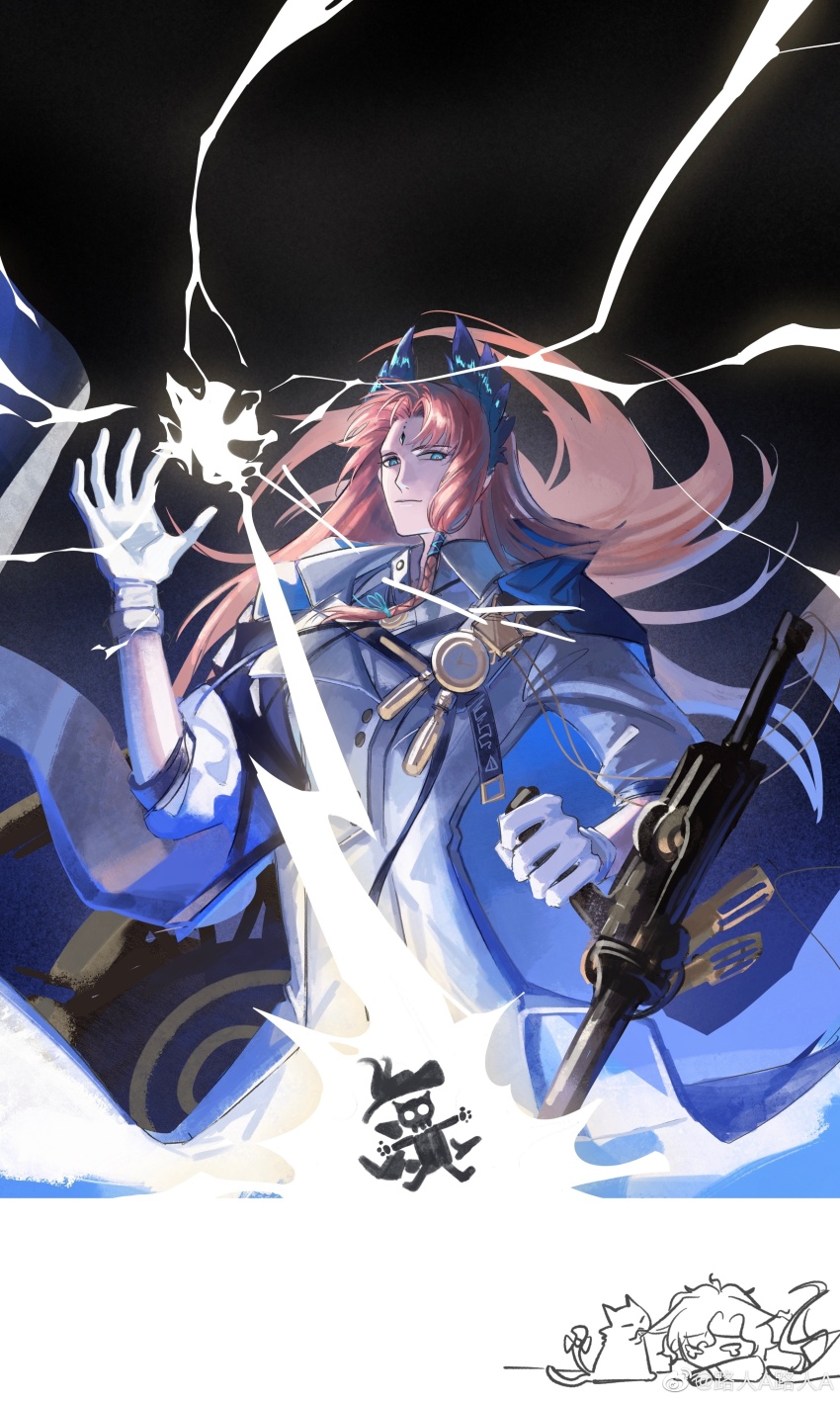 2boys, absurdres, arknights, attack, black_background, blue_cape, blue_eyes, braid