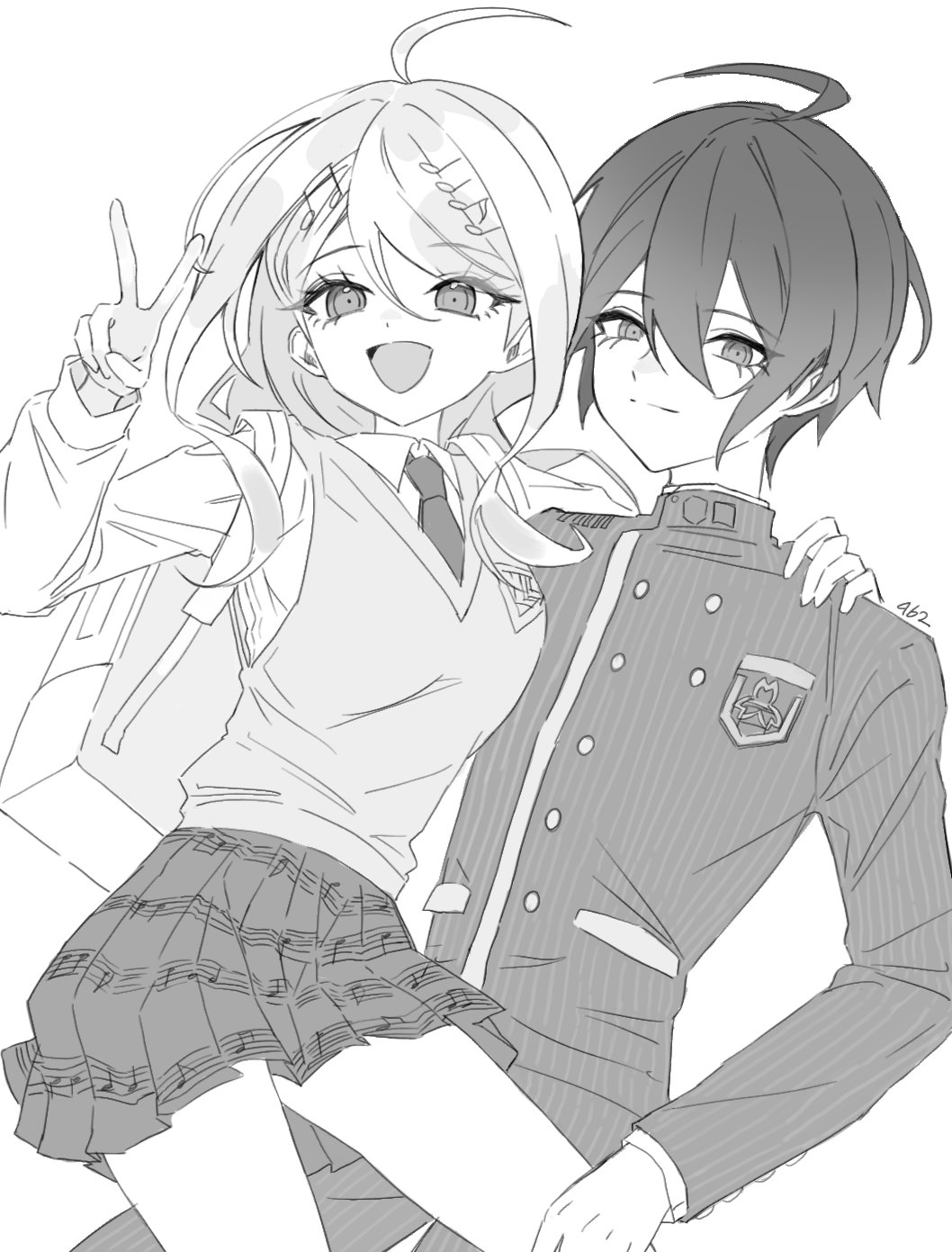 1boy, 1girl, ahoge, akamatsu_kaede, backpack, bag, breasts, closed_mouth