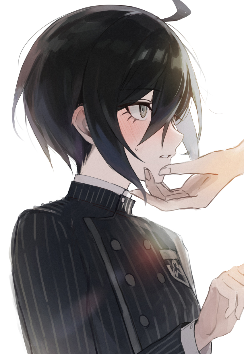1boy, 1other, absurdres, ahoge, black_hair, black_jacket, blush, commentary