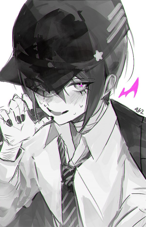 1boy, blush, collared_shirt, danganronpa_(series), danganronpa_v3:_killing_harmony, eyelashes, greyscale, hair_between_eyes