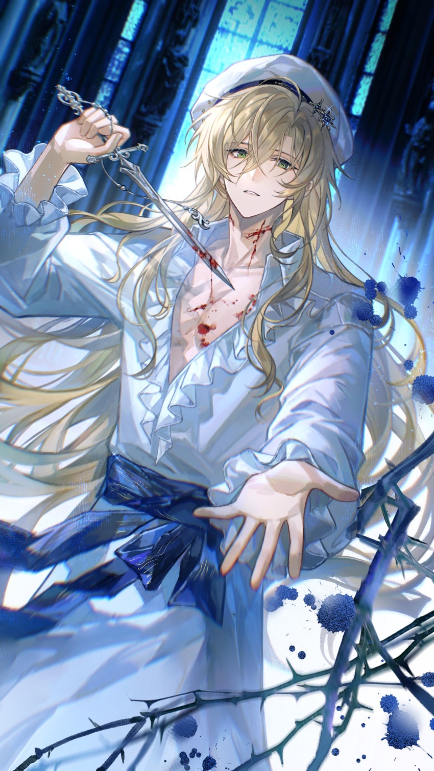 1boy, absurdres, alkaid_mcgrath, alkaid_mcgrath_(god_forsaken_land), beret, blonde_hair, blood, blood_on_chest