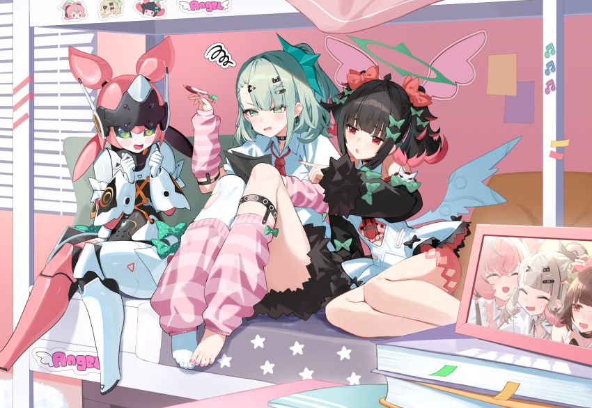 3girls, amagasa_yun, angels_of_delusion, aria_(zenless_zone_zero), arm_warmers, bandaid, bandaid_hair_ornament, bare_shoulders, barefoot, black_choker, black_hair, black_skirt, blue_eyes, blunt_bangs, blush, bow, choker, closed_eyes, colored_inner_hair, commentary_request, dress, earrings, fur-trimmed_sleeves, fur_trim, green_bow, green_eyes, green_hair, green_halo, hair_bow, hair_ornament, halo, heisei_retro, highres, holding, holding_pen, humanoid_robot, jewelry, joints, leg_warmers, mechanical_ears, multicolored_hair, multicolored_leg_warmers, multiple_girls, multiple_hair_bows, multiple_hair_clips, musical_note_earrings, nail_polish, nangong_yu, necktie, no_shoes, one_side_up, open_mouth, paper, pen, photo_(object), picture_frame, pink_arm_warmers, pink_hair, pink_leg_warmers, pink_nails, red_eyes, red_necktie, robot, robot_girl, robot_joints, shirt, single_thighhigh, sitting, skirt, smile, striped_arm_warmers, striped_leg_warmers, sunna_(zenless_zone_zero), thighhighs, toenail_polish, toenails, toes, too_many_bows, twintails, two-tone_leg_warmers, white_dress, white_shirt, white_thighhighs, wings, writing, y2k_fashion, zenless_zone_zero