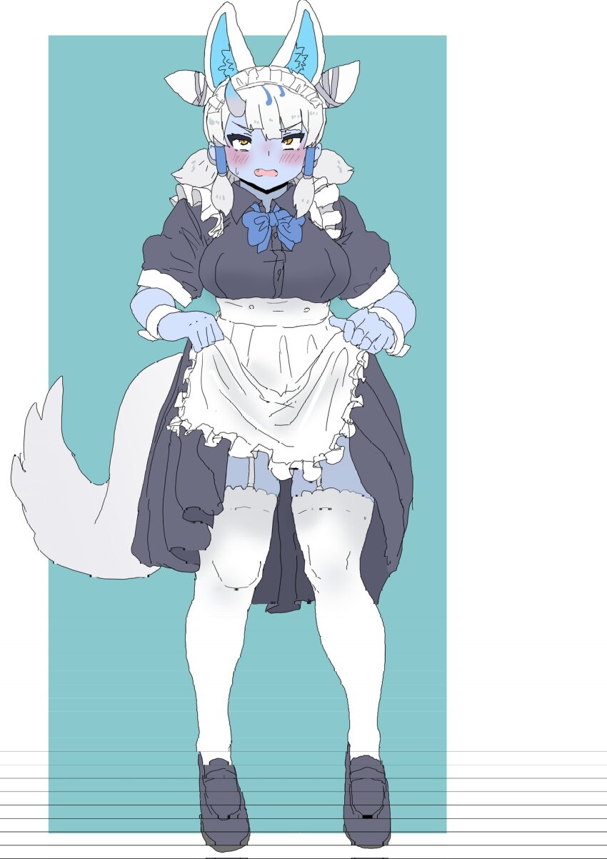 1girl, alternate_costume, animal_ears, apron, apron_lift, black_dress, blue_horns, blue_oni